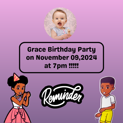 Grace Girl Birthday Reminder Card for Your Birthday or Event