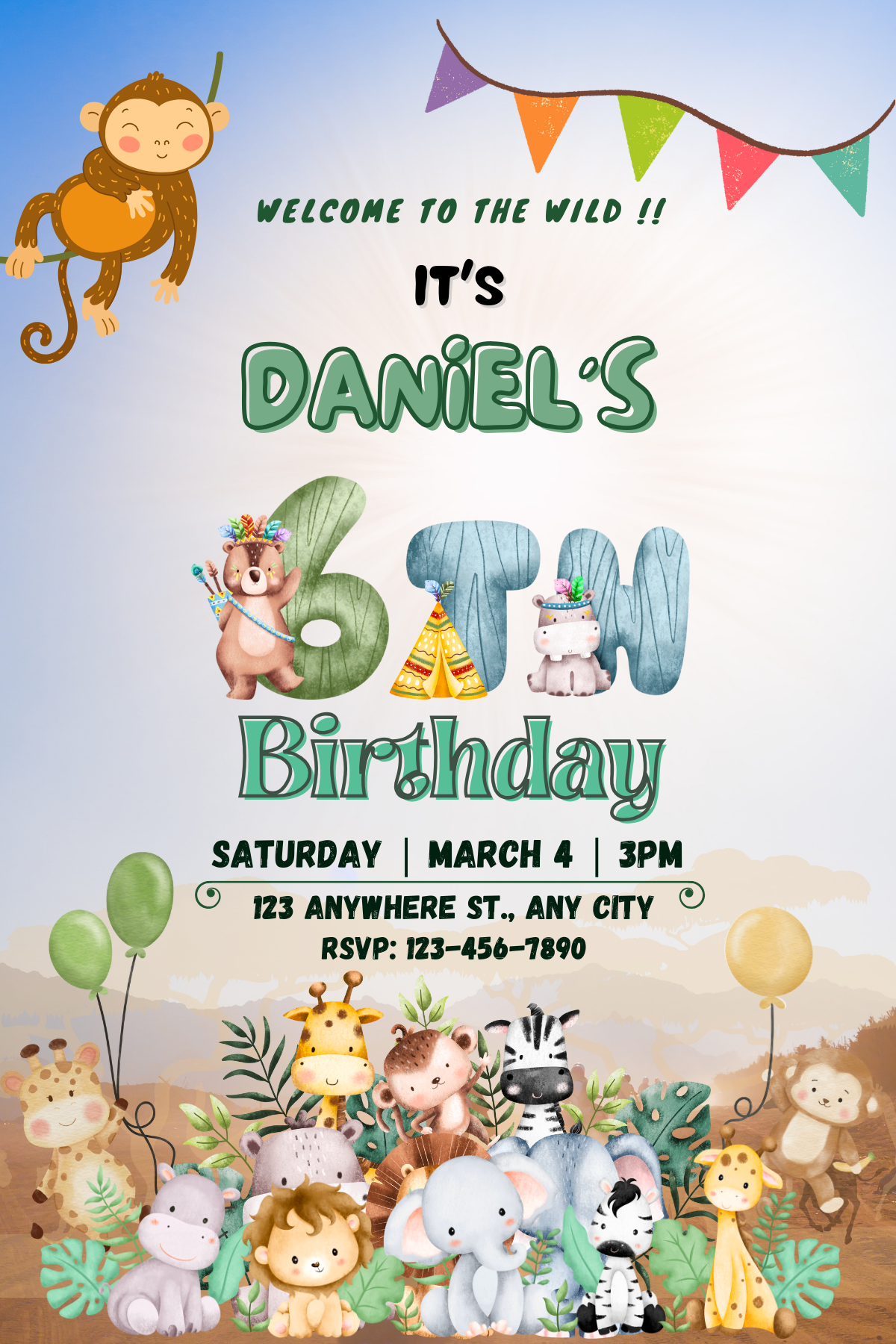 Jungle Safari Birthday Invitation | Jungle Safari Digital Card Invite