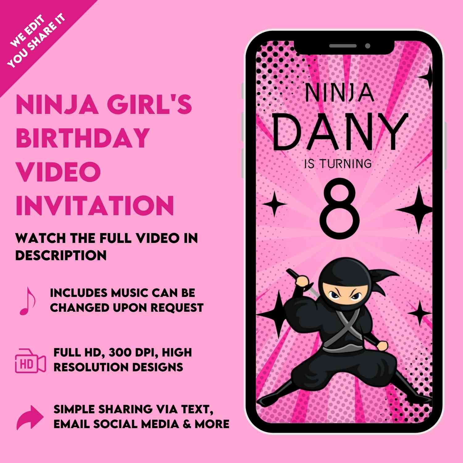 Cosplay Invite Pink-themed Party Invite: Ninja Girl's Birthday Video Invitation – Mr ...