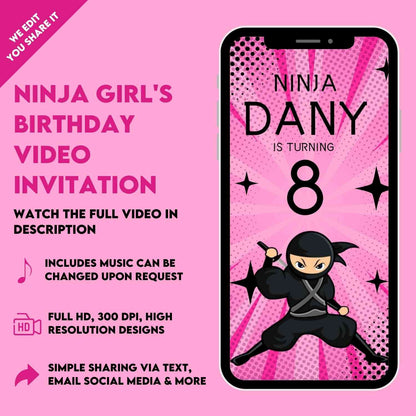 Pink-themed Party Invite: Ninja Girl's Birthday Video Invitation