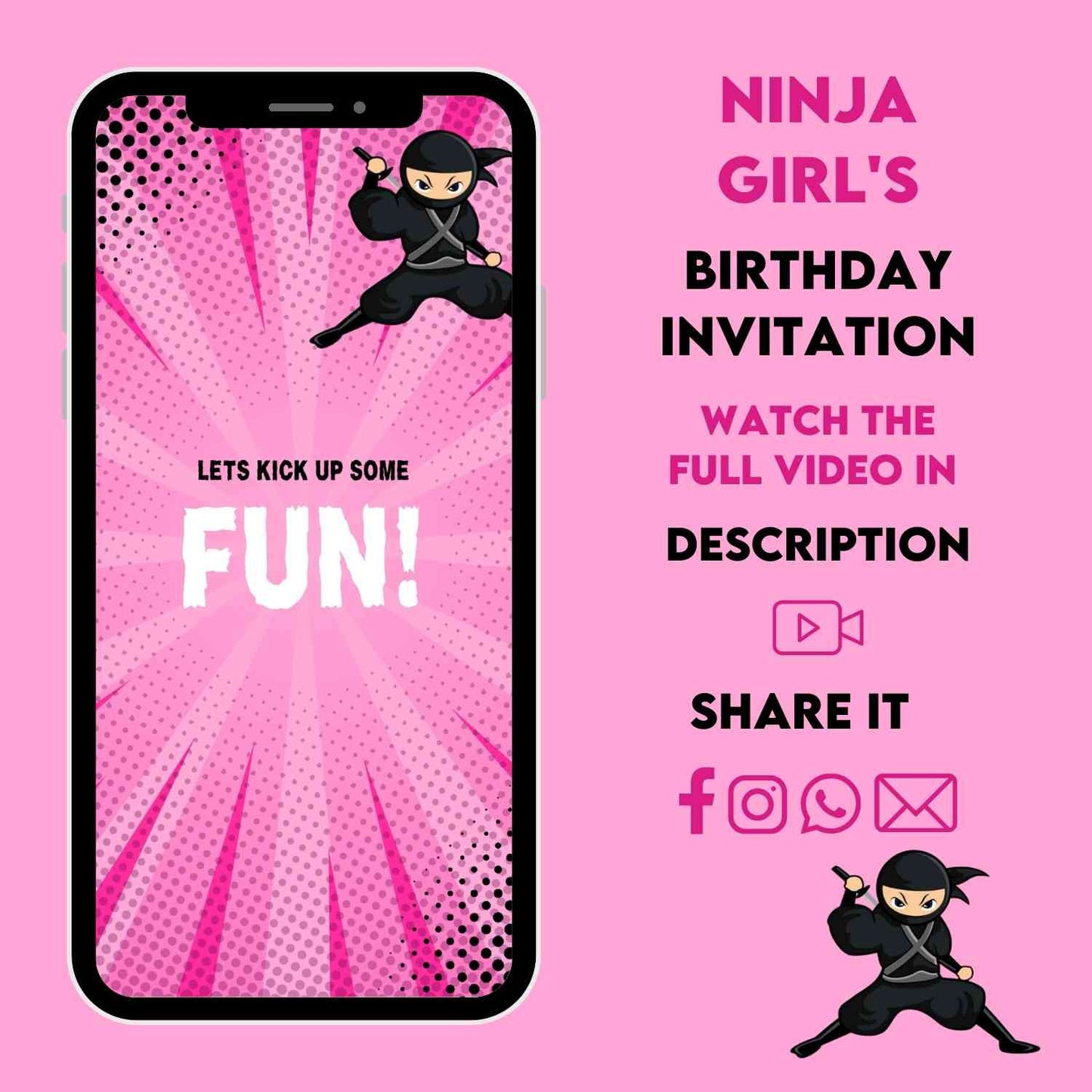 Pink-themed Party Invite: Ninja Girl's Birthday Video Invitation