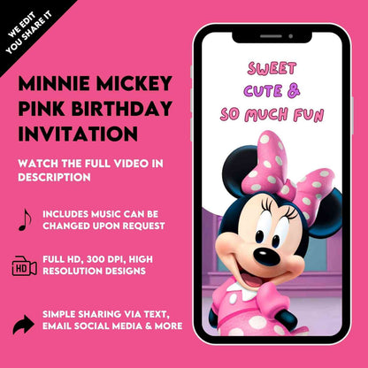 Minnie Mickey Pink Birthday Video Invitation | Personalized Animated Party Invite