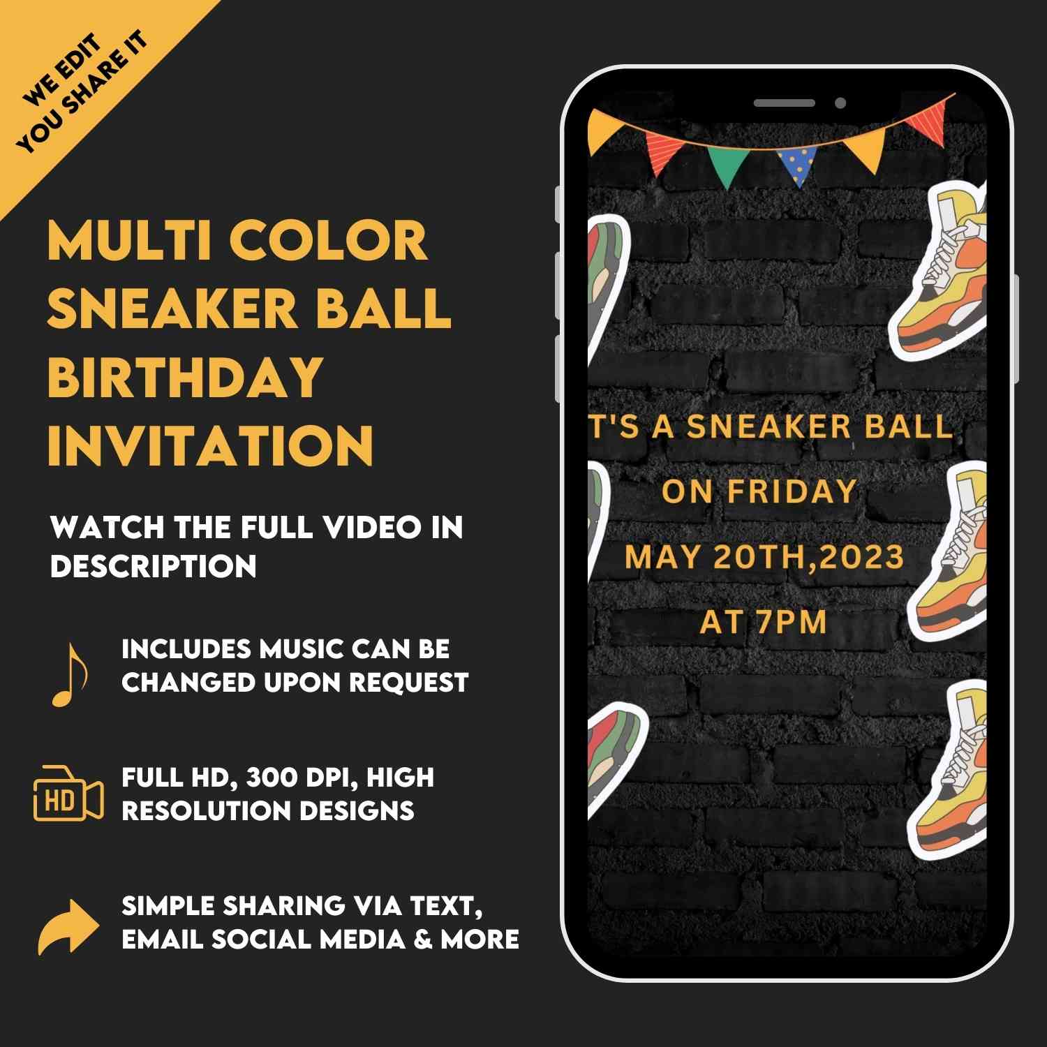 Multi Color Sneaker Ball Birthday Video Invitation | Birthday Party Invite