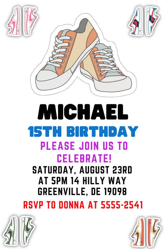 Multi Color Sneaker Ball Digital Birthday Card Invitation | Custom Birthday Invite