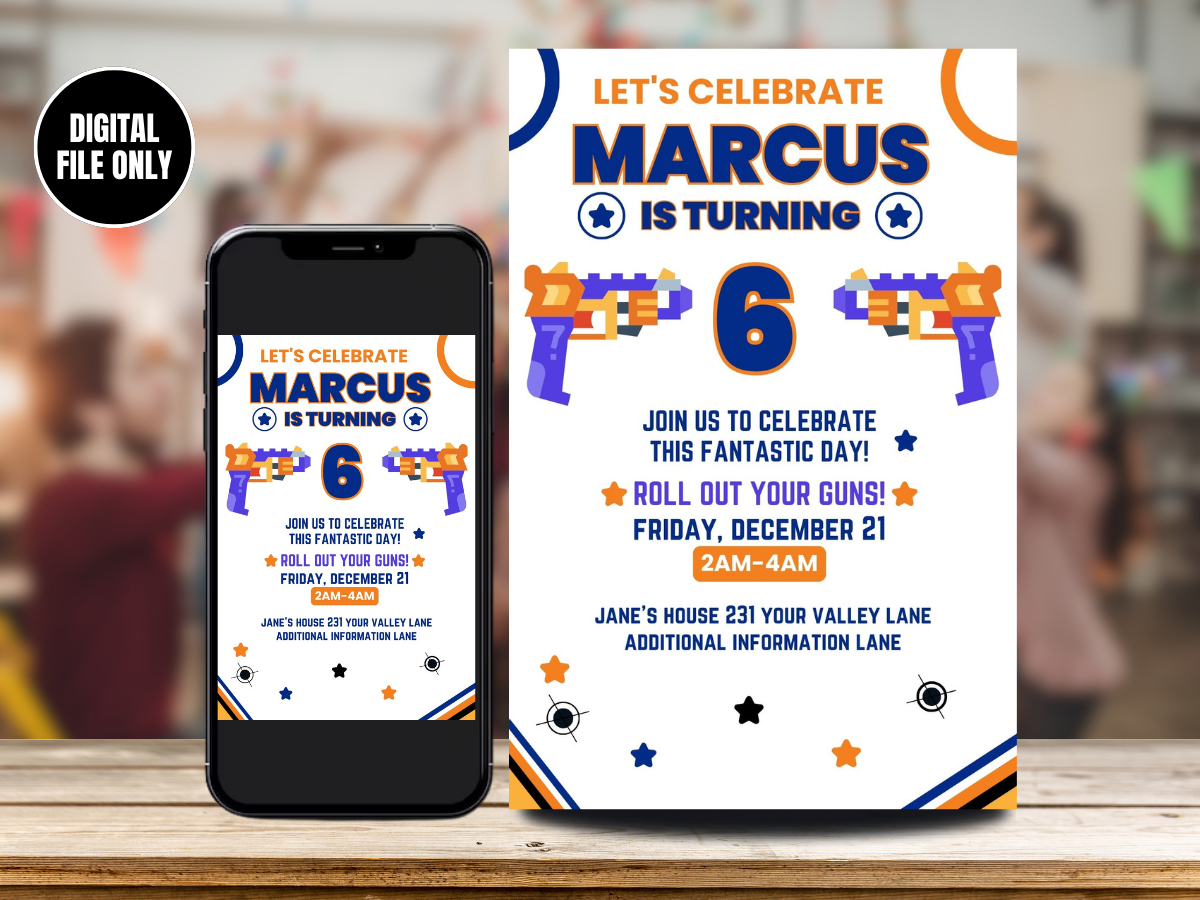 Nerf Battel Digital Birthday Party Invitation | Birthday Party Invites