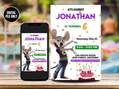 Online Chuck E Cheese Birthday Invitation | Digital Birthday Party Invite