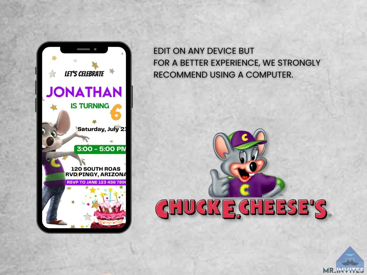 Online Chuck E Cheese Birthday Invitation | Digital Birthday Party Invite