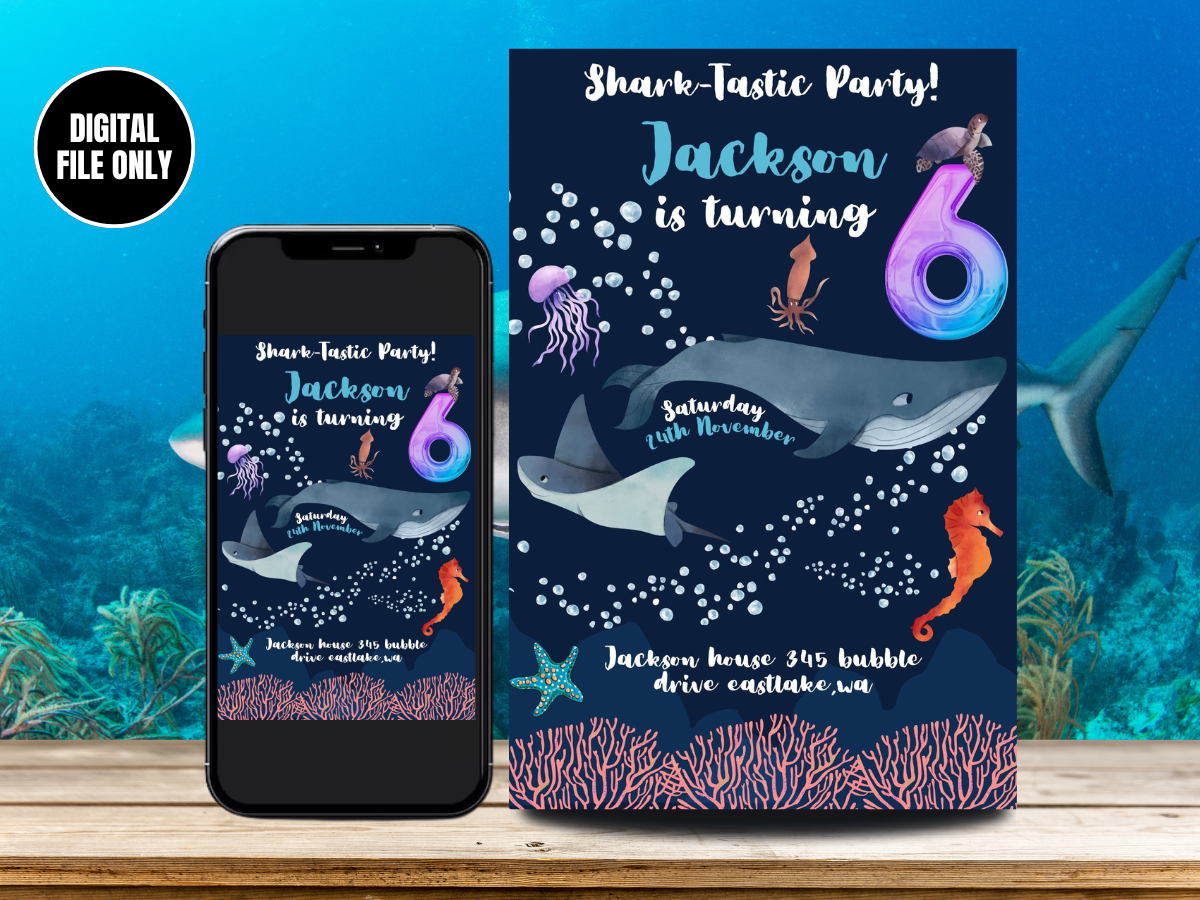 Online Shark Birthday Invitation | Shark Digital Birthday Party Invitation