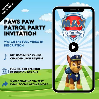 Paws Paw Patrol Birthday Party Video Invitation