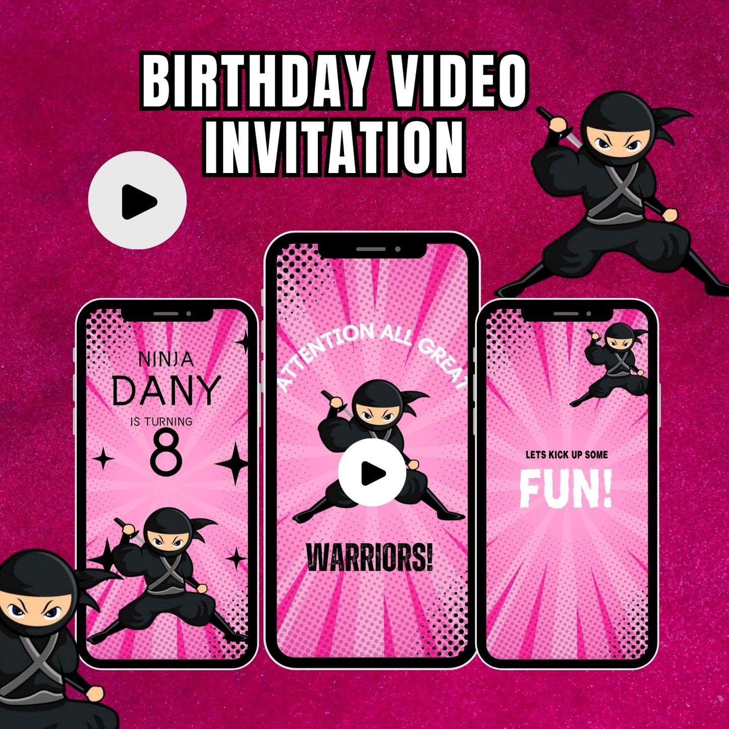 Pink-themed Party Invite: Ninja Girl's Birthday Video Invitation