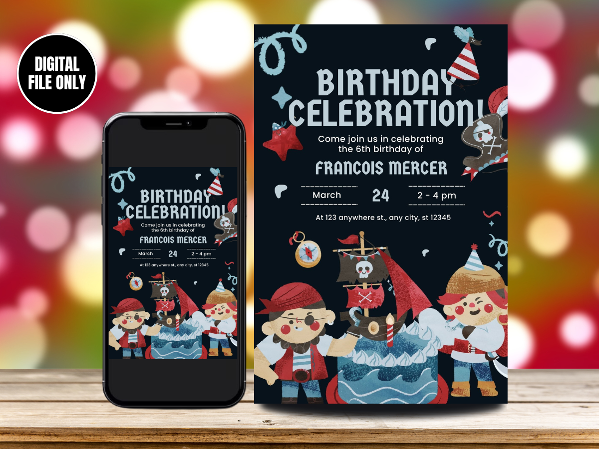 Pirates Digital Birthday Card Invitation | Personalized Pirates Birthday Party Invite