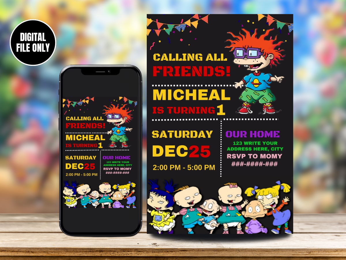 Playful Rugrats Digital Birthday Card Invitation | Personalized & Fun-filled Celebration