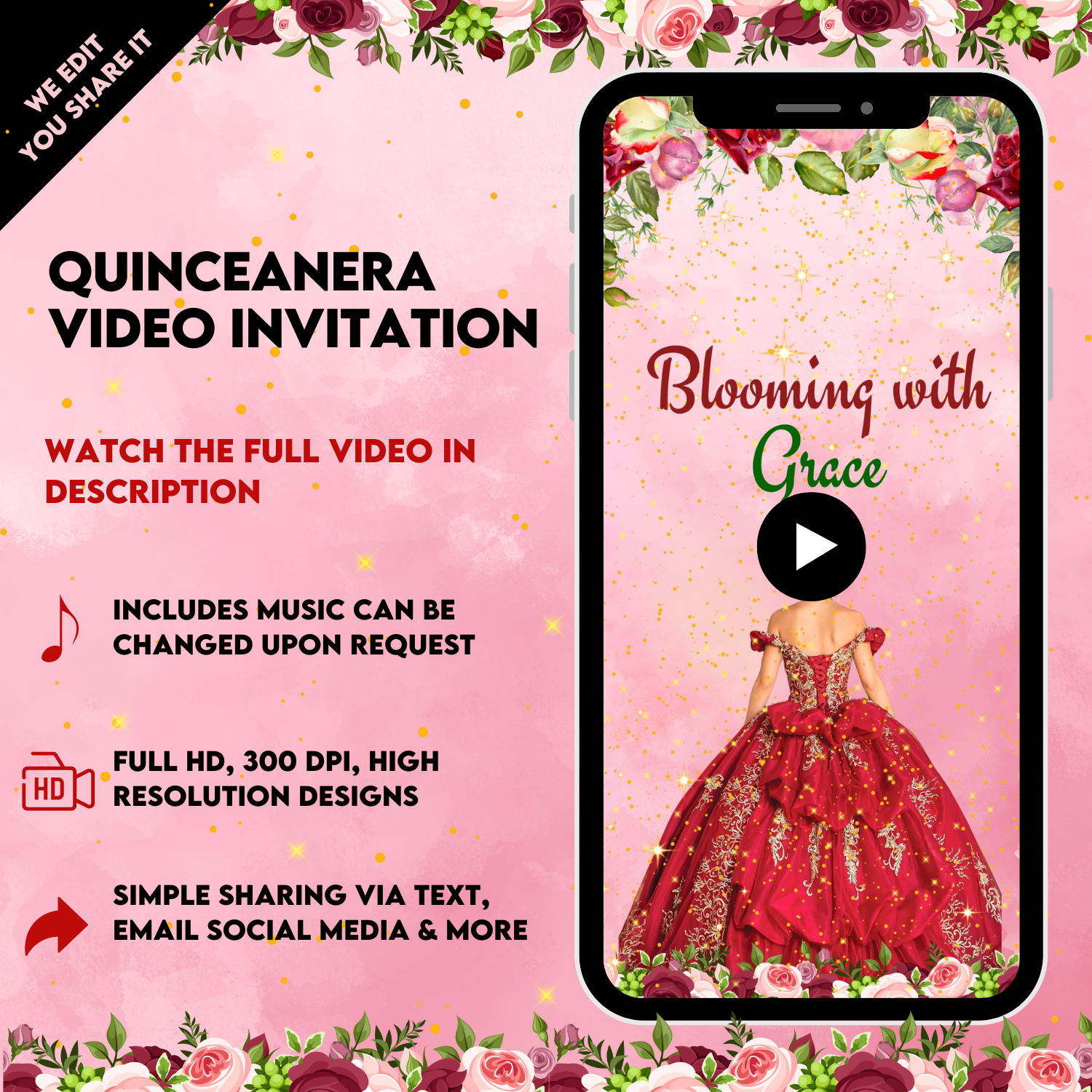 Quinceanera Animated Video Invitation - Burgundy Floral & Gold Quinceanera Theme Invitation