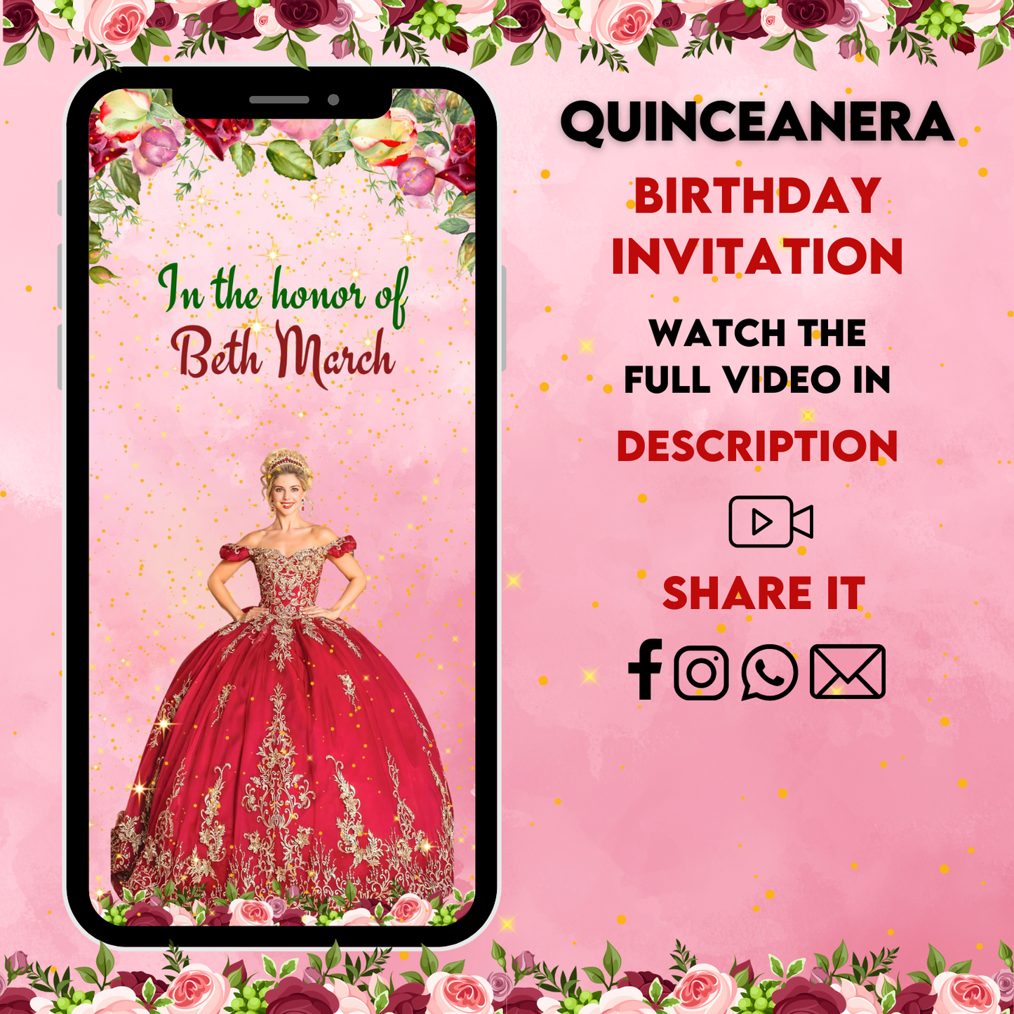 Quinceanera Animated Video Invitation - Burgundy Floral & Gold Quinceanera Theme Invitation