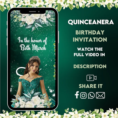 Quinceanera Animated Video Invitation - Quinceanera Emerald Green Theme Invitation