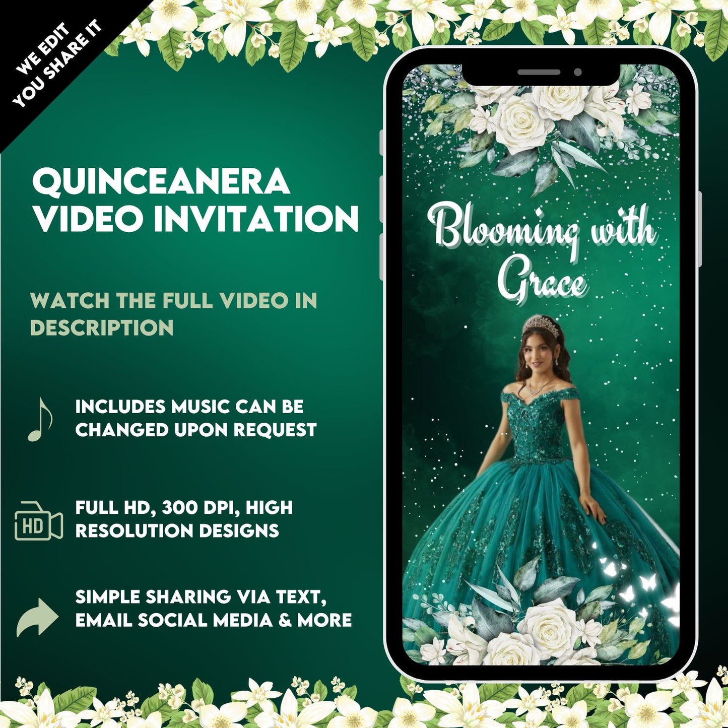 Quinceanera Animated Video Invitation - Quinceanera Emerald Green Theme Invitation