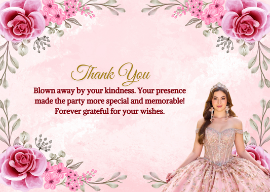 Quinceanera Blush Pink Flowers & Butterfly Theme Thank You Card