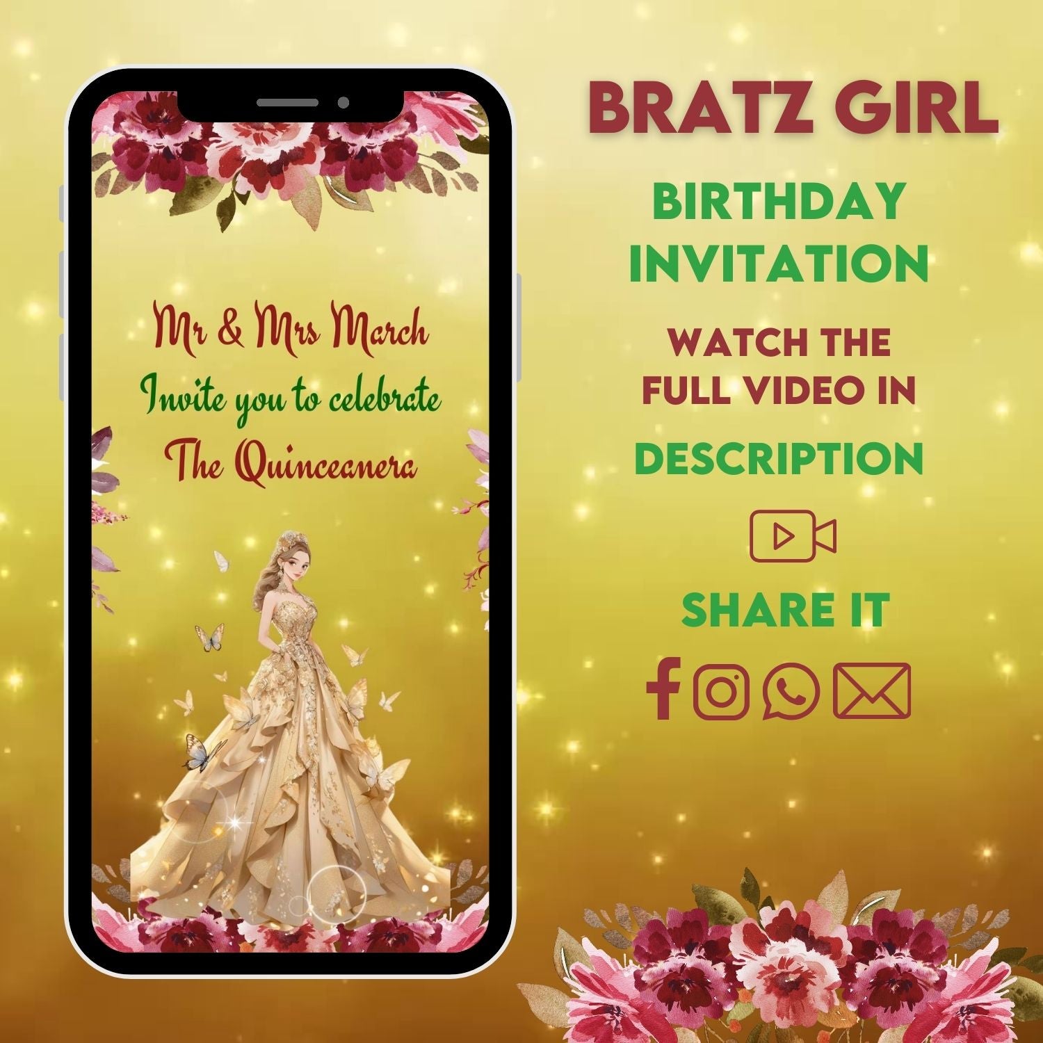 Quinceanera Theme Video Invitation - Gold & Burgundy Quinceanera Invite