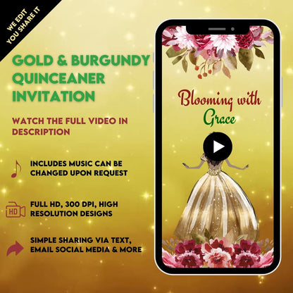 Quinceanera Theme Video Invitation - Gold & Burgundy Quinceanera Invite