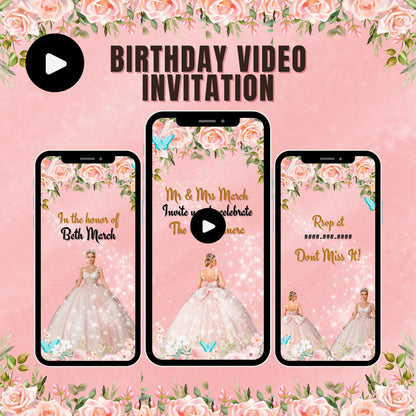 Quinceanera Video Invitation - Blush Pink Flowers & Butterfly Animated Quinceanera Theme Invite