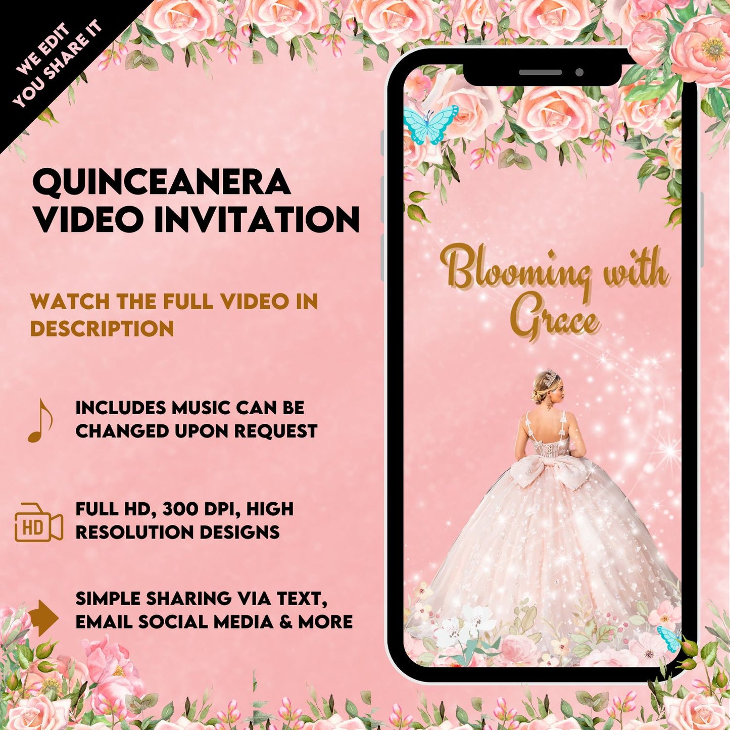 Quinceanera Video Invitation - Blush Pink Flowers & Butterfly Animated Quinceanera Theme Invite