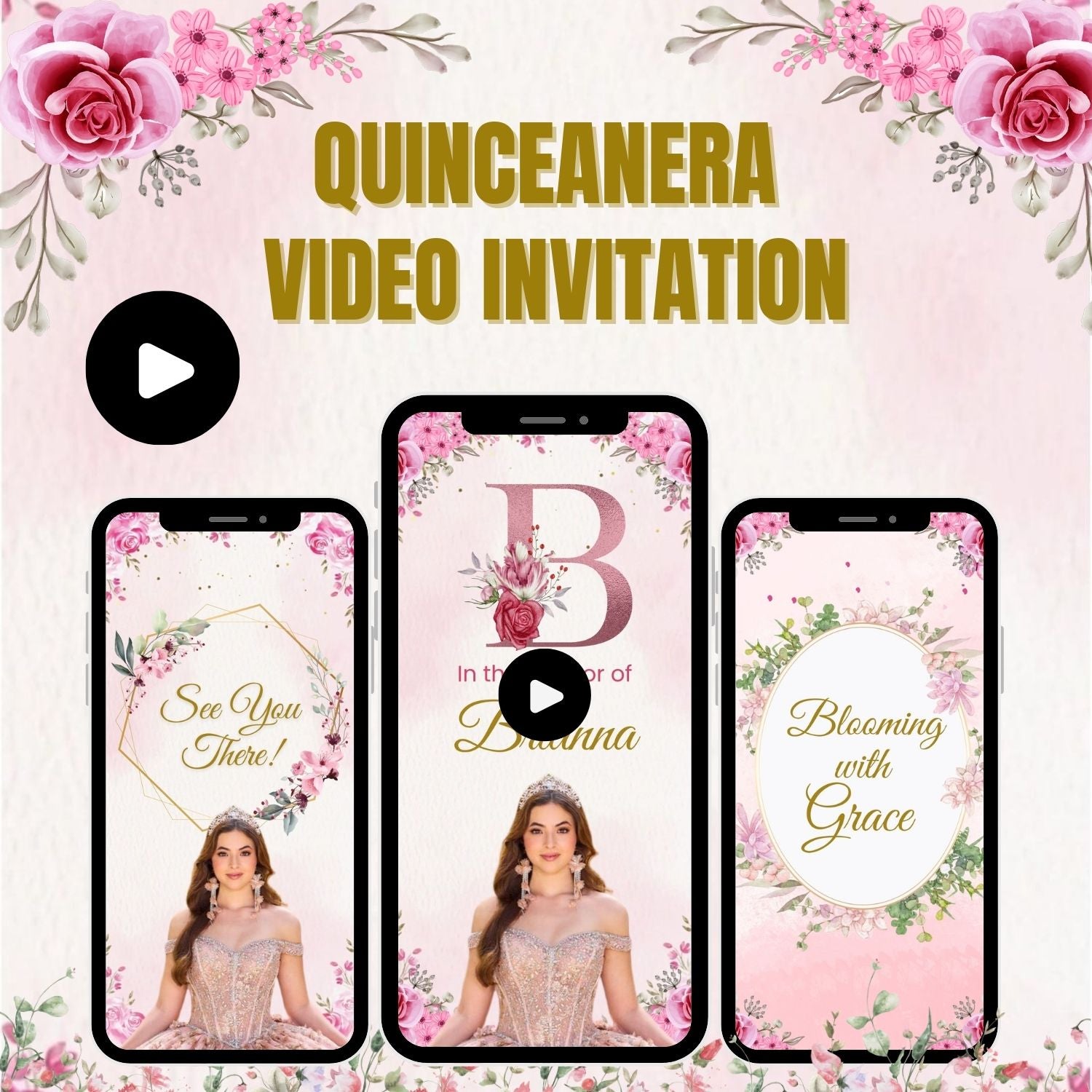 Quinceanera Theme Pastel Pink & Gold Video Invitation - Animated Pastel Pink & Gold Quinceanera Digital Invite