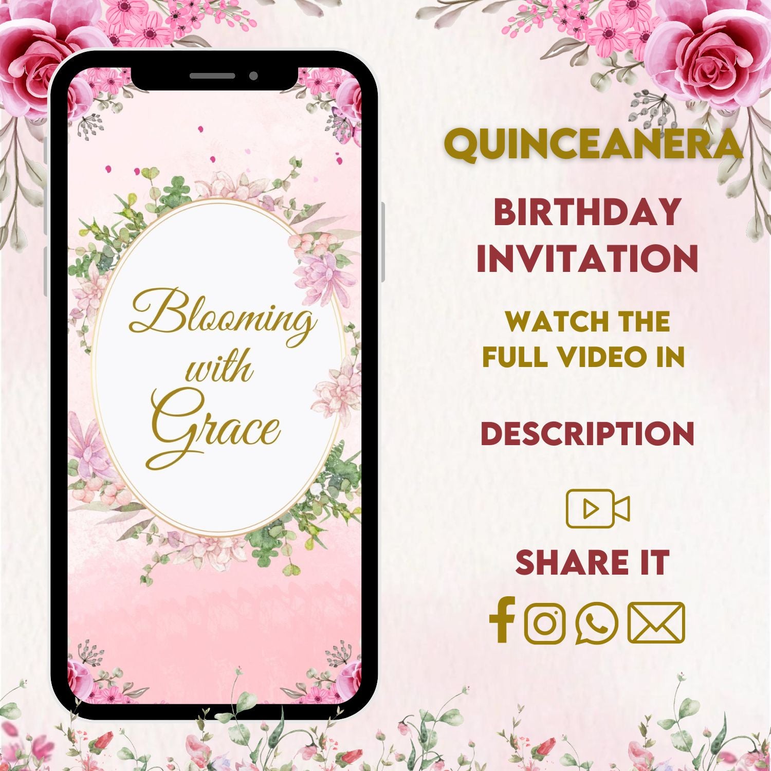 Quinceanera Theme Pastel Pink & Gold Video Invitation - Animated Pastel Pink & Gold Quinceanera Digital Invite