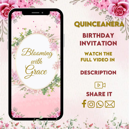 Quinceanera Theme Pastel Pink & Gold Video Invitation - Animated Pastel Pink & Gold Quinceanera Digital Invite