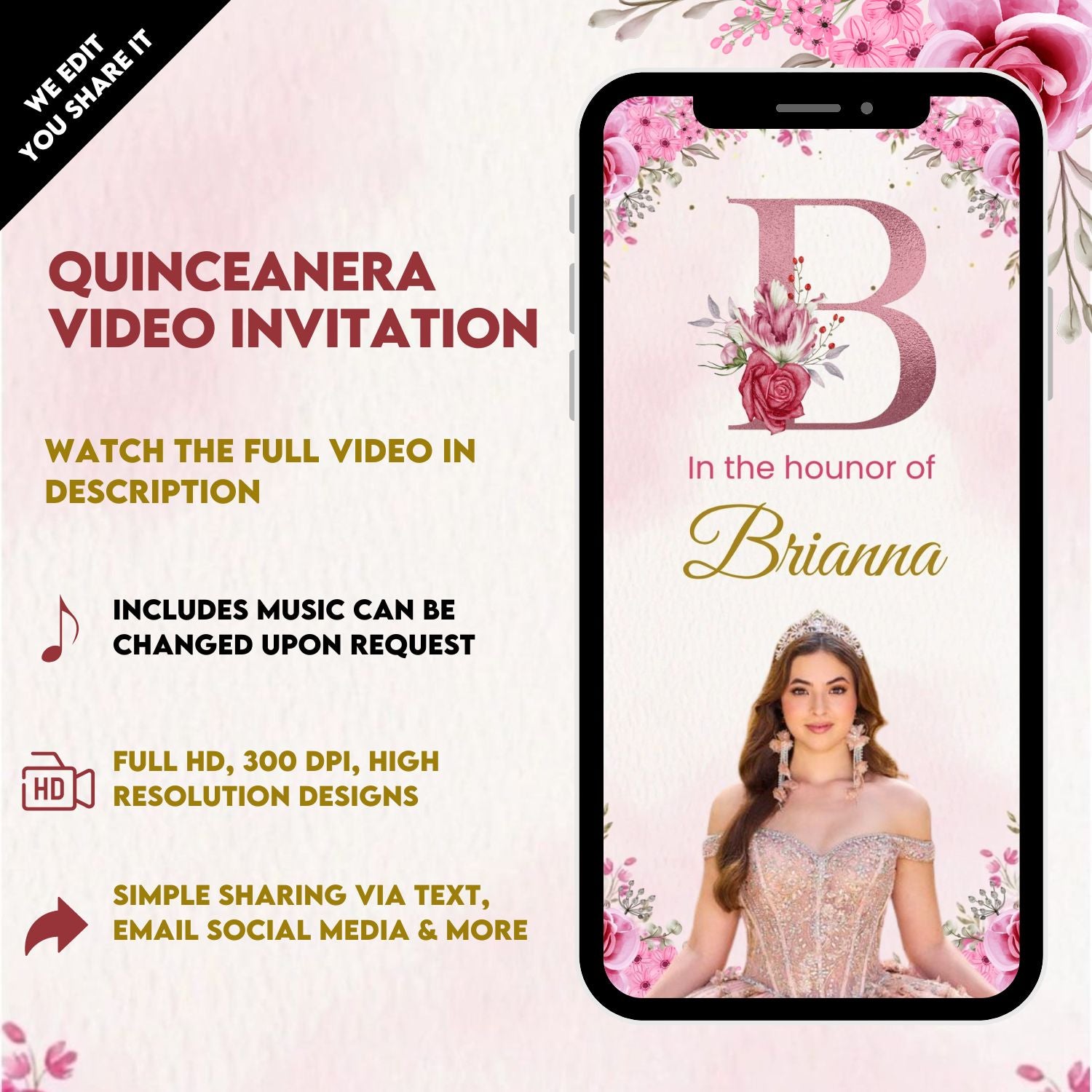 Quinceanera Theme Pastel Pink & Gold Video Invitation - Animated Pastel Pink & Gold Quinceanera Digital Invite