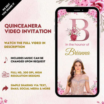 Quinceanera Theme Pastel Pink & Gold Video Invitation - Animated Pastel Pink & Gold Quinceanera Digital Invite