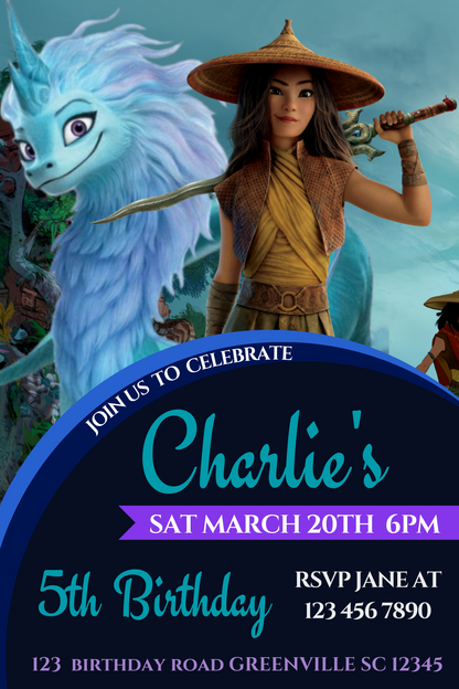 Digital Raya and the Last Dragon Birthday Invitation in English | Cust ...