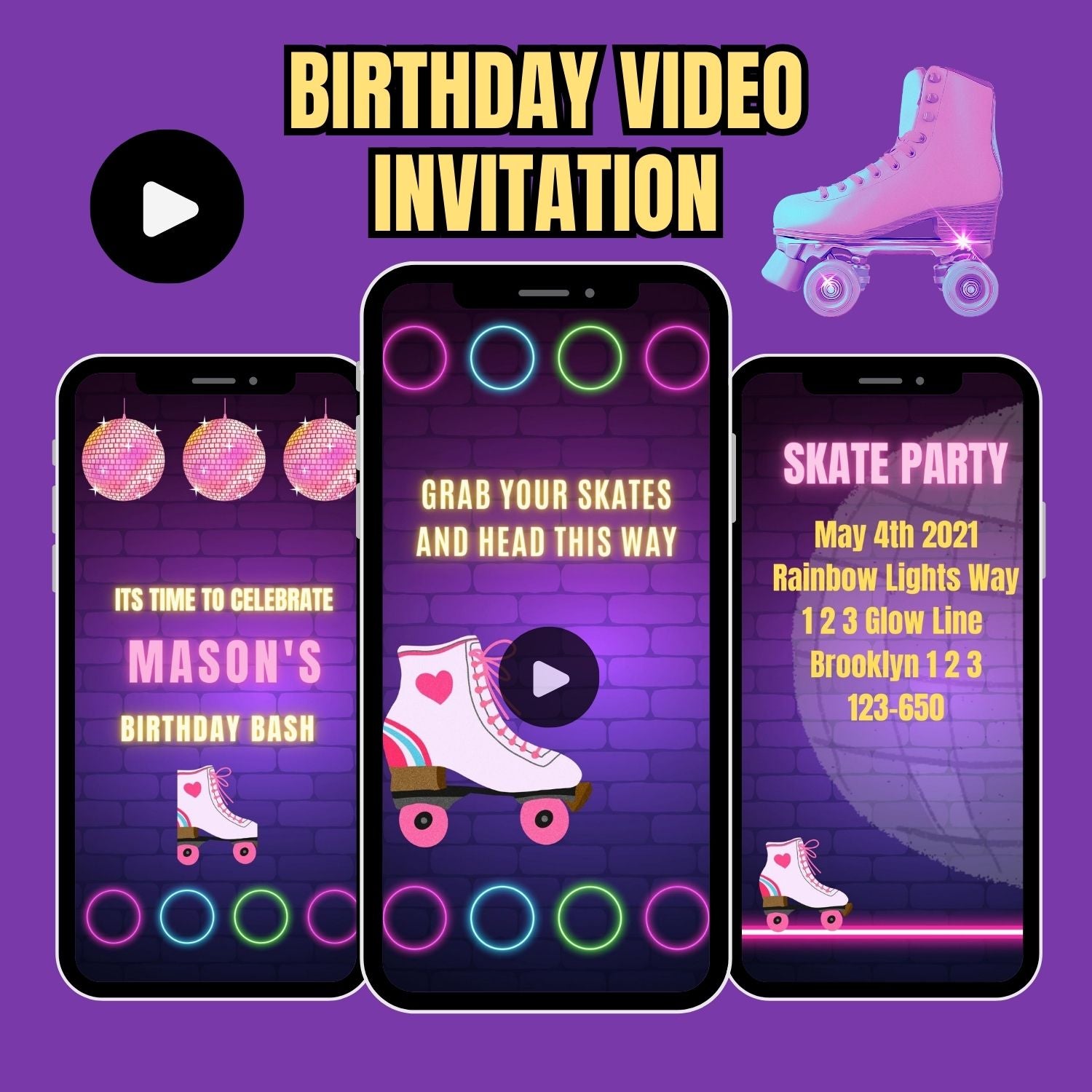 Roller Skating Neon Glow Birthday Video Invitation | Roller Skating Birthday Invite