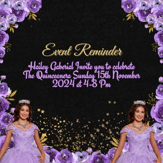 Royal Quinceañera with Black, Purple, & Silver Theme Reminder Card