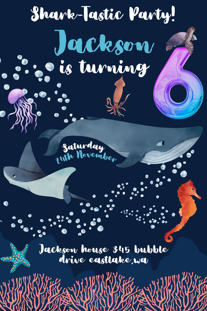 Online Shark Birthday Invitation | Shark Digital Birthday Party Invitation