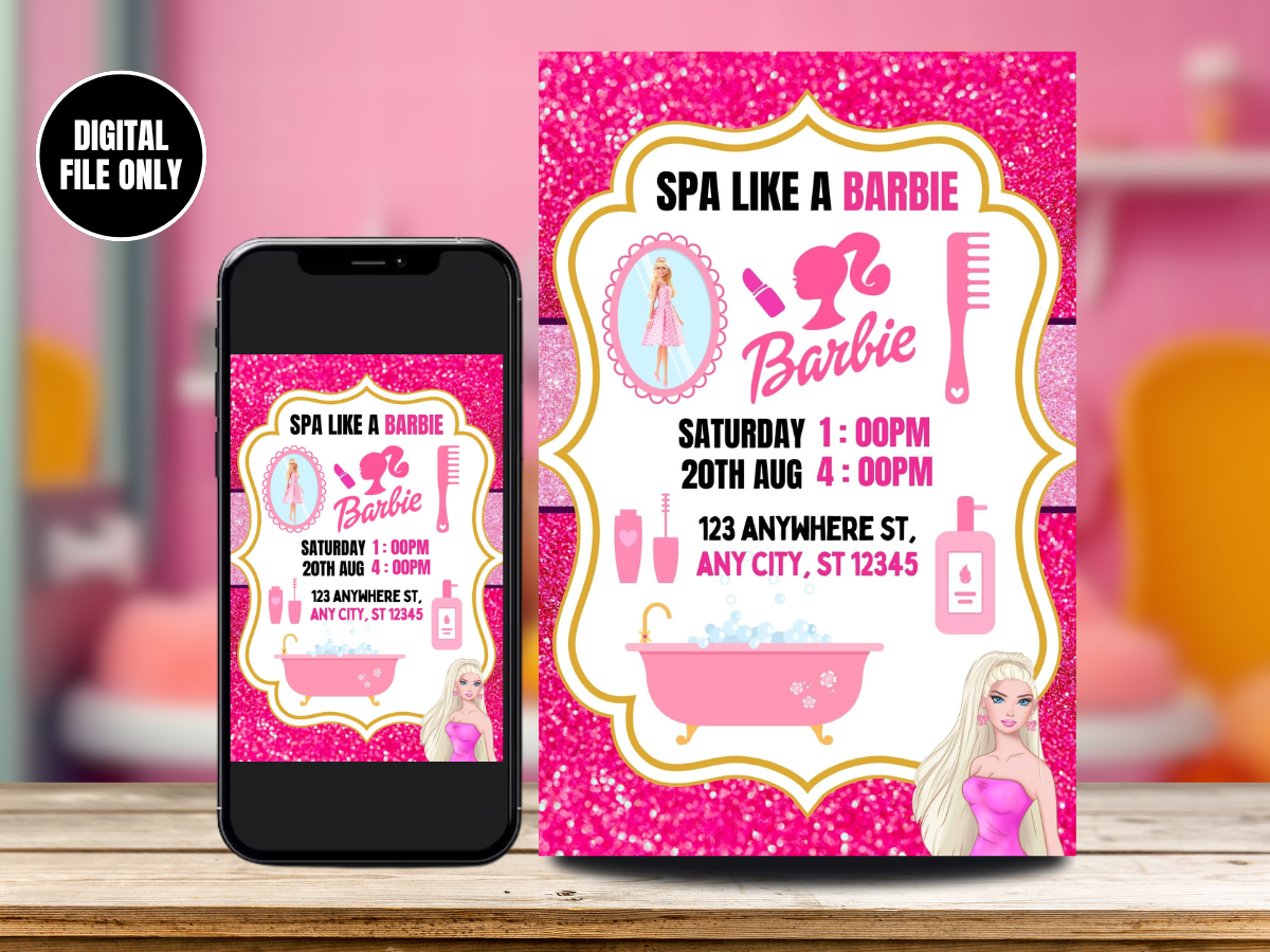 Sparkling Barbie Spa Digital Birthday Card Invitation | Digital Barbie Spa Party Invite