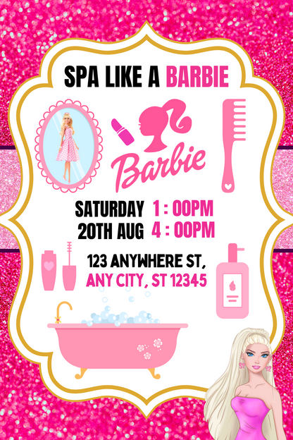 Sparkling Barbie Spa Digital Birthday Card Invitation Digital Barbie Mr.Invites