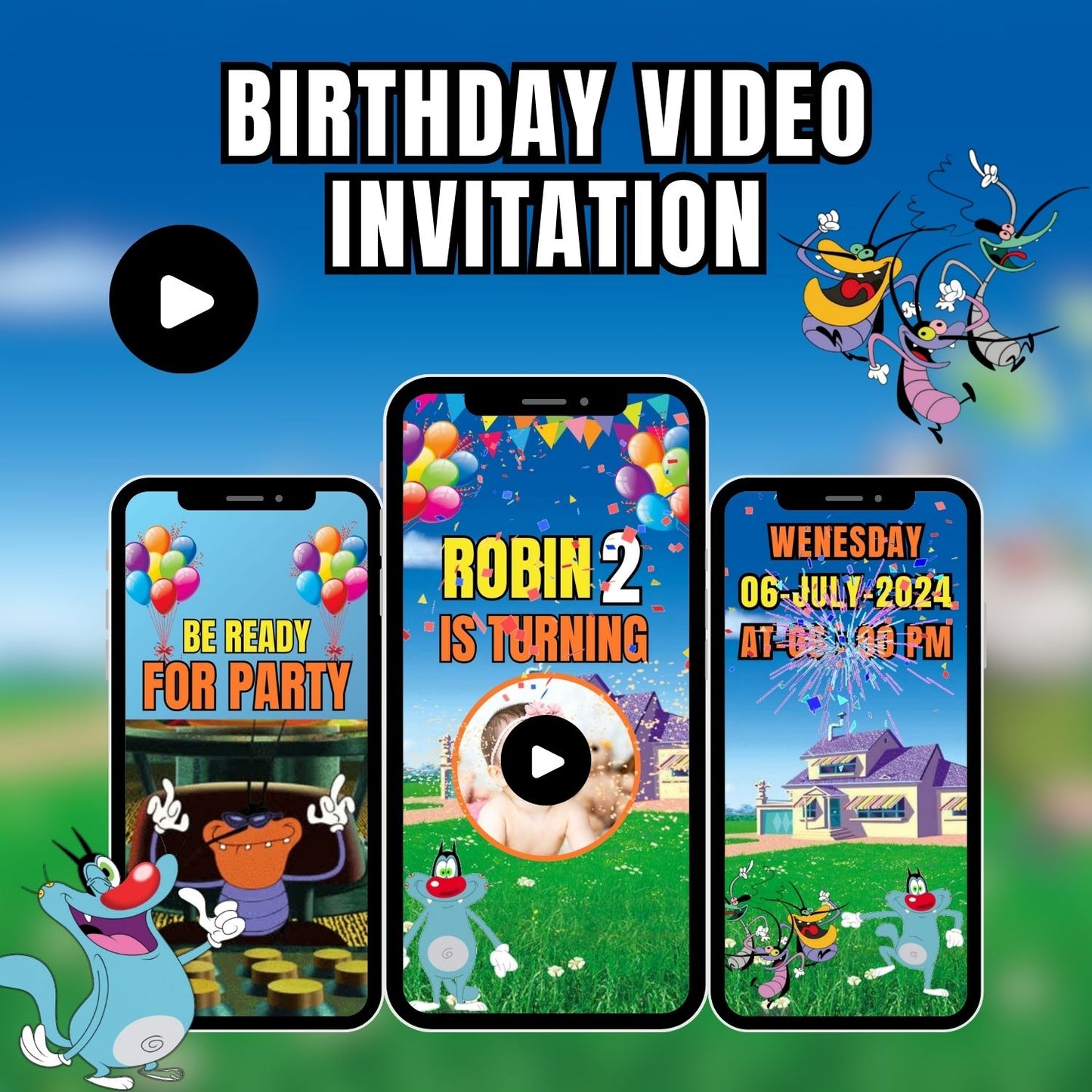 oggy and the cockroaches Birthday Video Invitation | oggy and the cockroaches Animated Theme Invitation