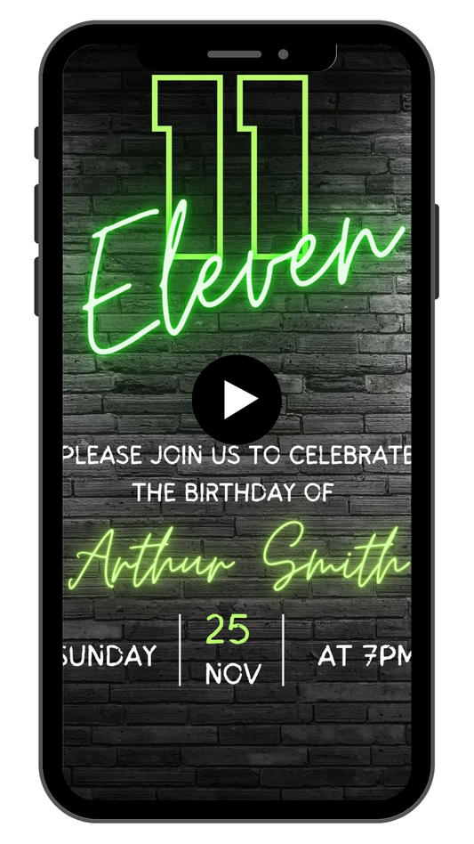 11th Birthday Video Invitation | Green Neon Eleventh Animated Invite