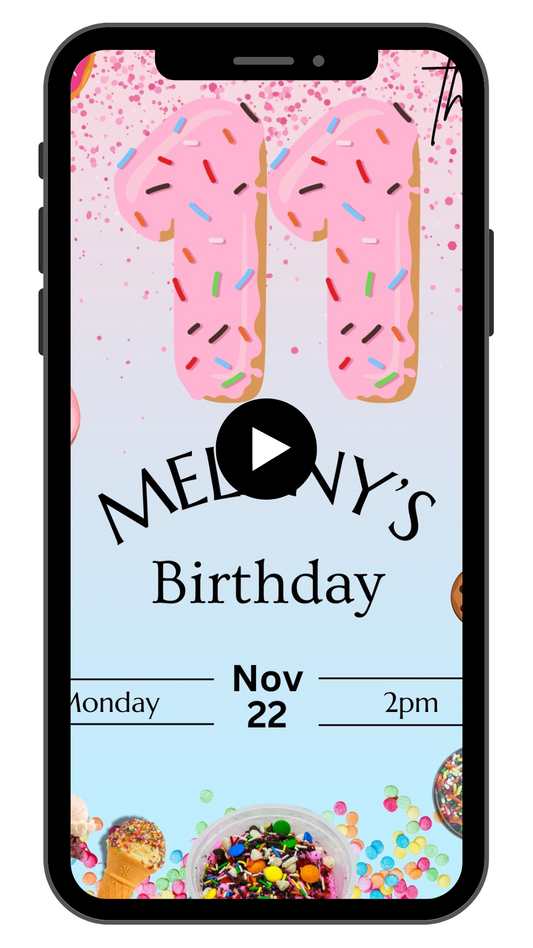 Donut Number Pink 11th Birthday Video Invitation | Animated Kids Boys and Girls Evite