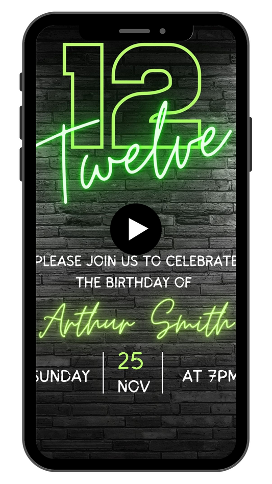 12th Birthday Video Invitation | Green Neon 12th Animated Invite