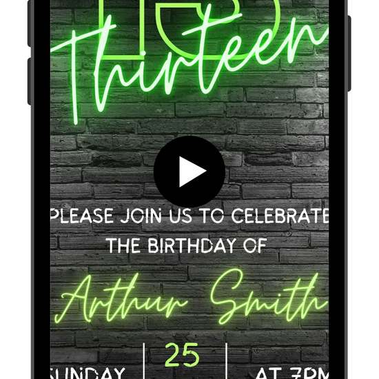 13th Birthday Video Invitation | Green Neon 13th Animated Invite