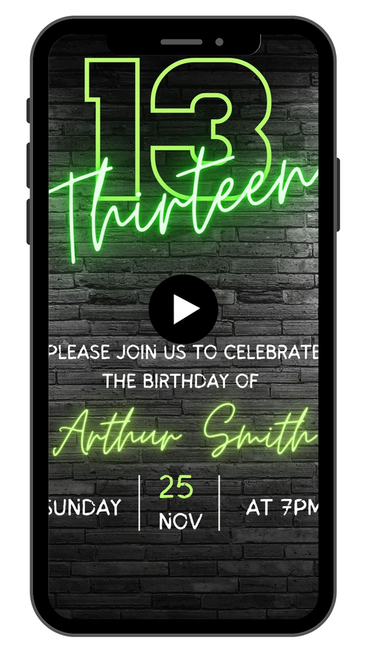 13th Birthday Video Invitation | Green Neon 13th Animated Invite