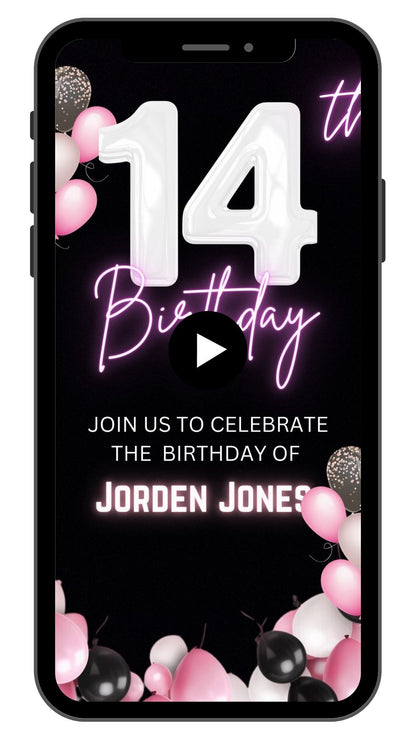 Girls 14th Birthday Video invitation | 14 year old Birthday Pink party invite