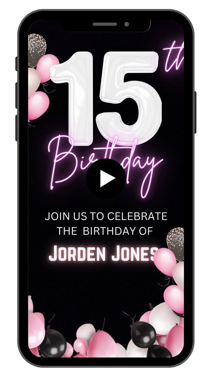 Girls 15th Birthday Video invitation | 15 Year Old child Birthday Pink Party Invite