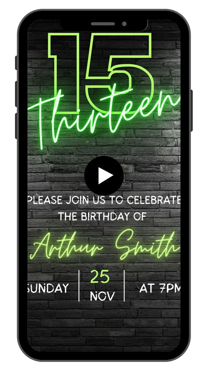 15th Birthday Video Invitation | Green Neon 15th Animated Invite