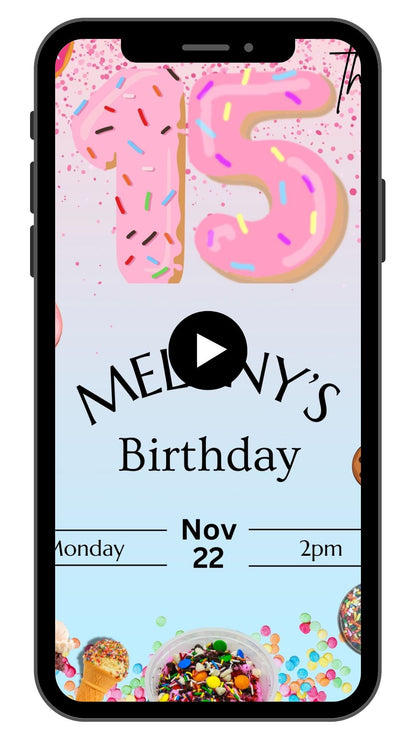 Donut Number Pink 15th Birthday Video Invitation | Animated Kids Boys and Girls Evite