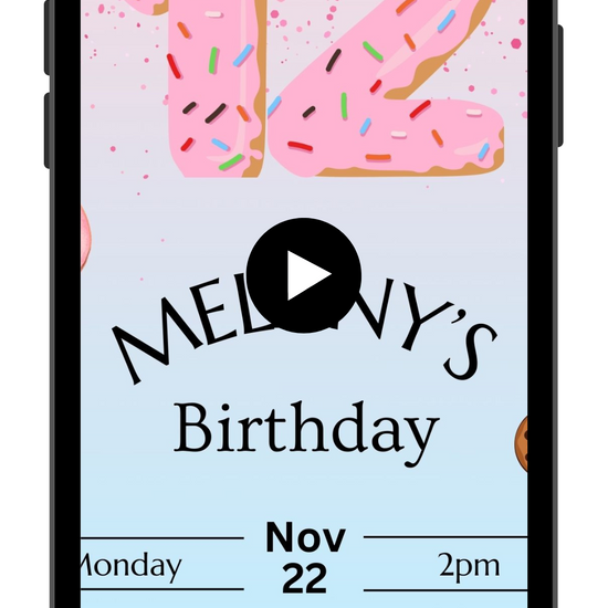 Donut Number Pink 12th Birthday Vide Invitation | Animated Kids Boys and Girls Evite