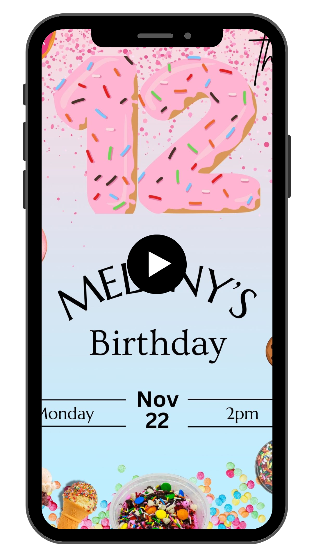 Donut Number Pink 12th Birthday Vide Invitation | Animated Kids Boys and Girls Evite