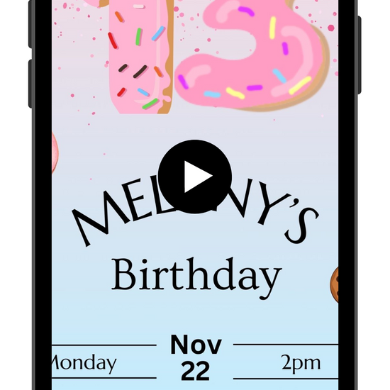 Donut Number Pink 13th Birthday Video Invitation | Animated Kids Boys and Girls Evite