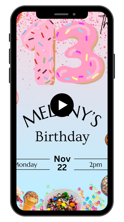 Donut Number Pink 13th Birthday Video Invitation | Animated Kids Boys and Girls Evite